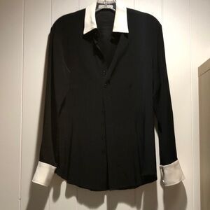 CO Collections luxury Brand black and white dress shirt silk crepe M